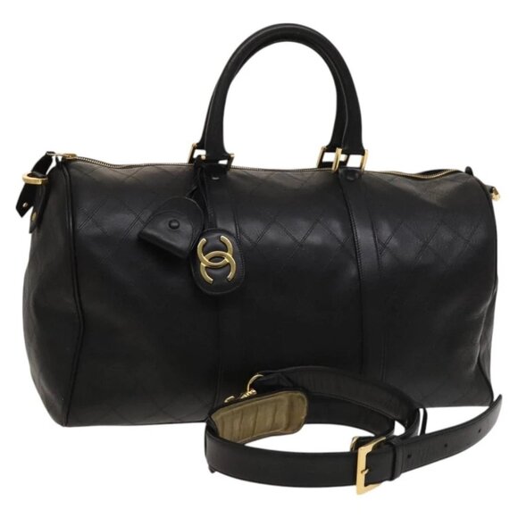 CHANEL Bicolore Boston Bag Leather 2way Black Gold CC Auth PP719 - Picture 1 of 15